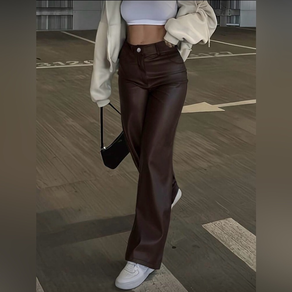 SHEIN Faux Leather Elegant Brown Women's Pants